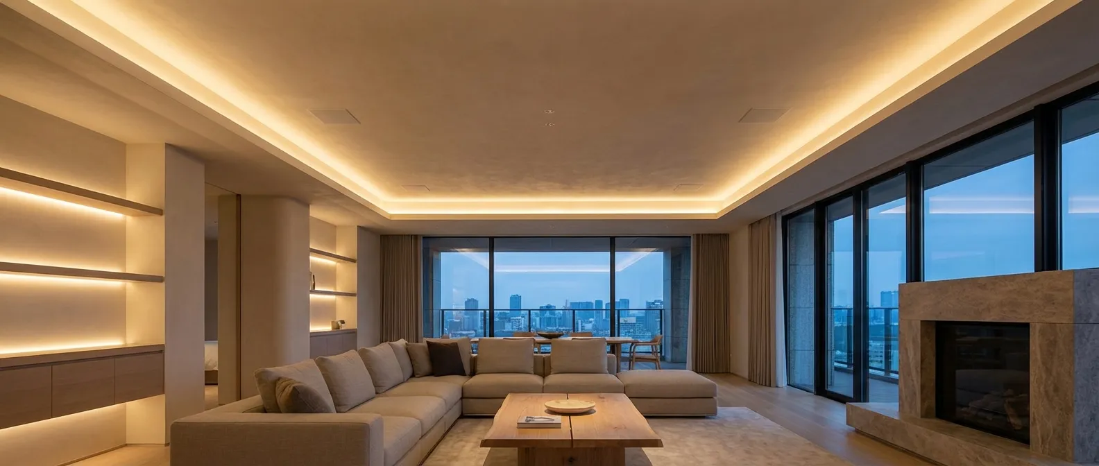 רמקולי תקרה נסתרים בסלון יוקרתי